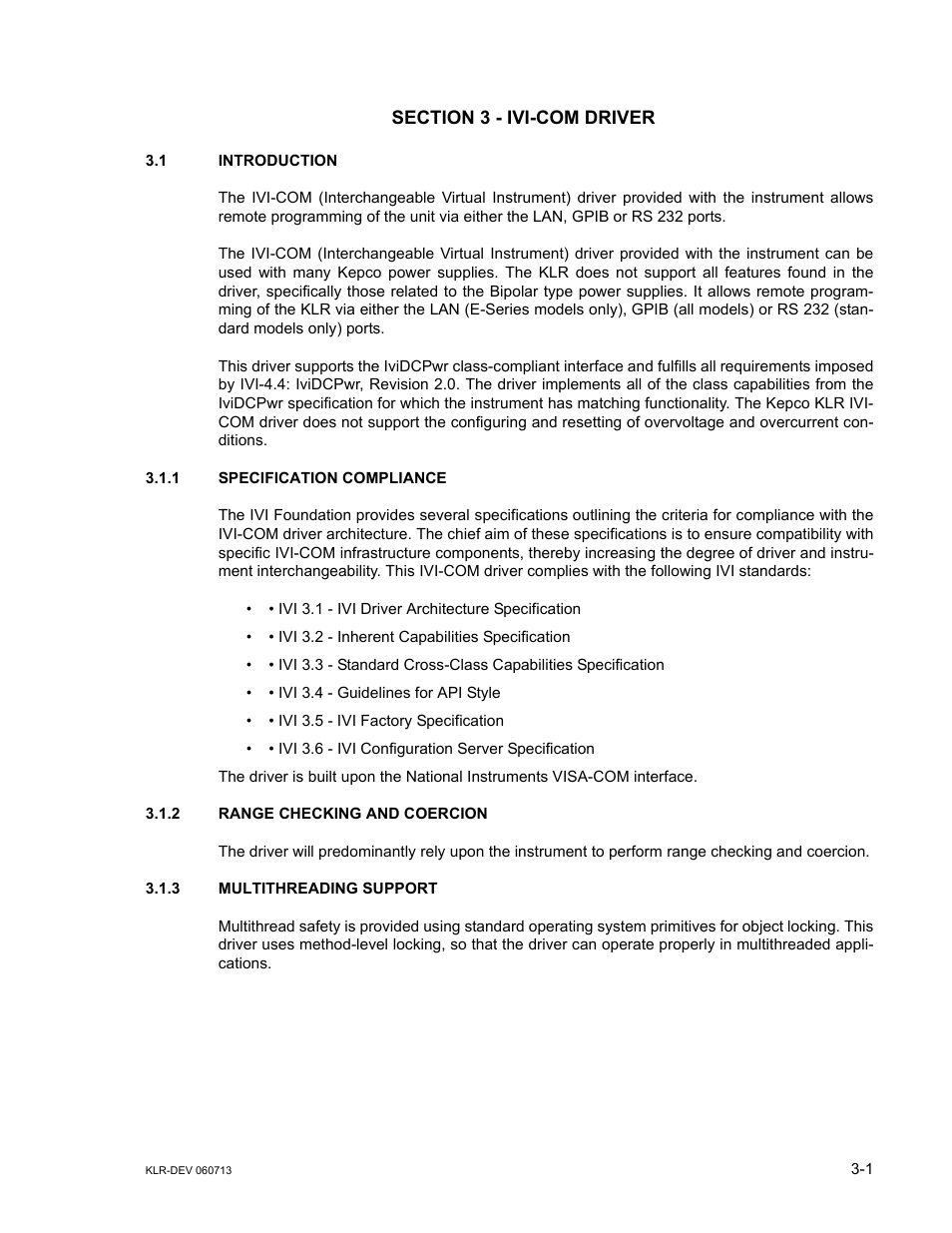 Section 3 - ivi-com driver, 1 introduction, 1 specification compliance | 2 range checking and coercion, 3 multithreading support, Specification compliance -1, Range checking and coercion -1, Multithreading support -1, N 3), 3 (ivi | KEPCO KLR Series Developers Guide User Manual | Page 23 / 128