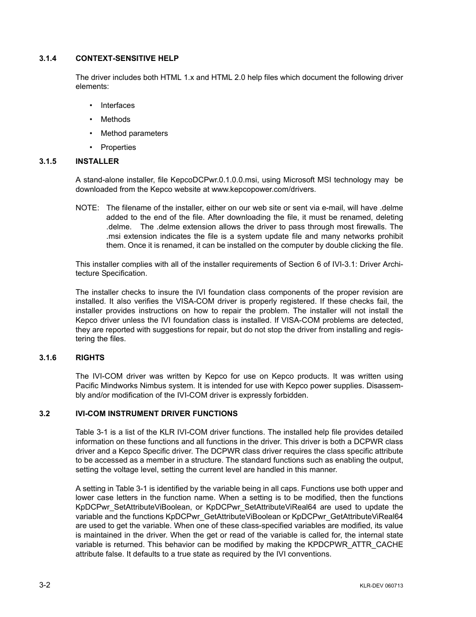 4 context-sensitive help, 5 installer, 6 rights | 2 ivi-com instrument driver functions, Context-sensitive help -2, Installer -2, Rights -2, Ivi-com instrument driver functions -2 | KEPCO KLR Series Developers Guide User Manual | Page 24 / 128