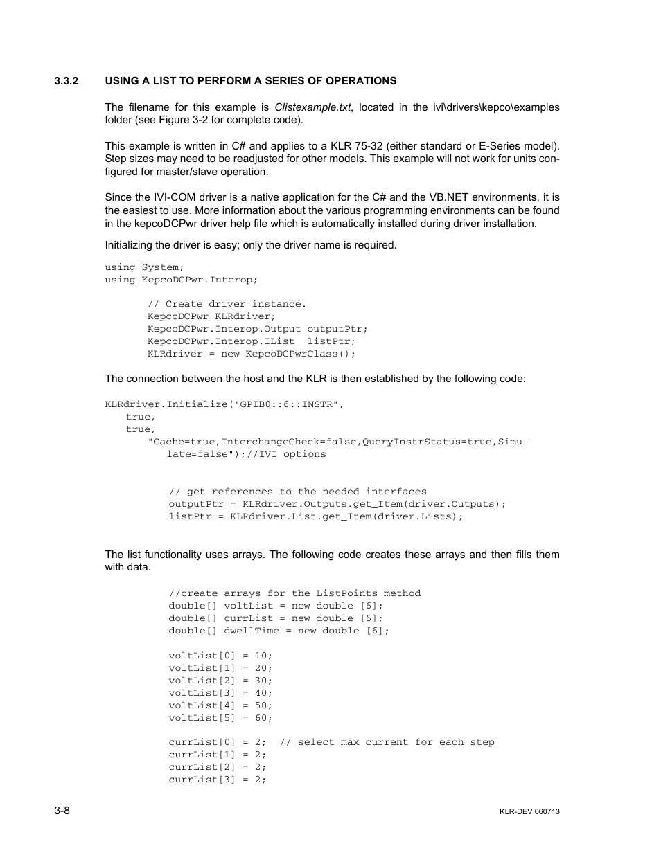 2 using a list to perform a series of operations, Using a list to perform a series of operations -8 | KEPCO KLR Series Developers Guide User Manual | Page 30 / 128