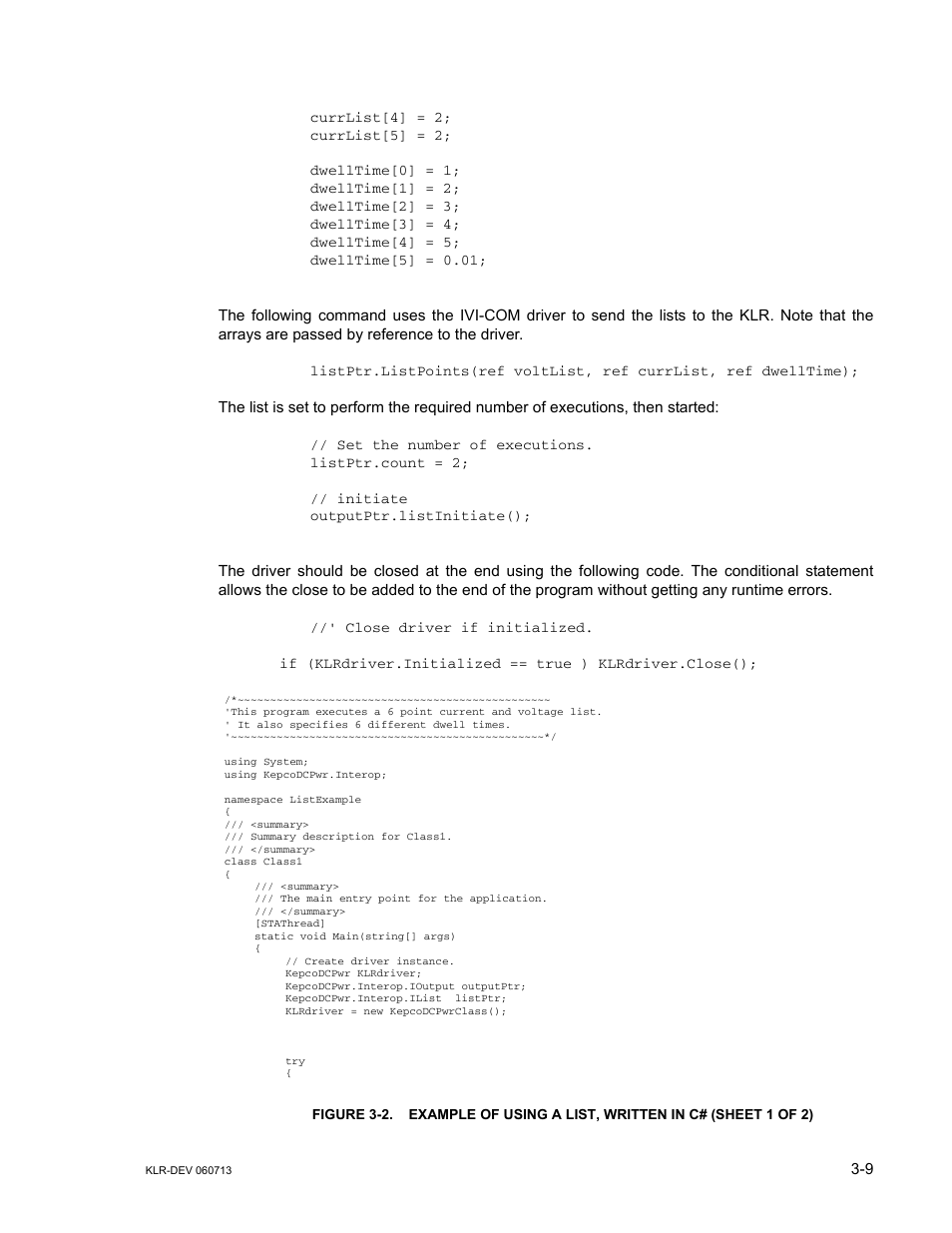 Figure 3-2. example of using a list, written in c, Example of using a list, written in c# -9 | KEPCO KLR Series Developers Guide User Manual | Page 31 / 128