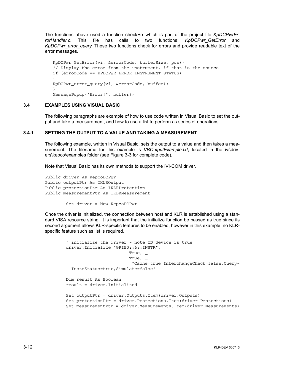4 examples using visual basic, Examples using visual basic -12 | KEPCO KLR Series Developers Guide User Manual | Page 34 / 128