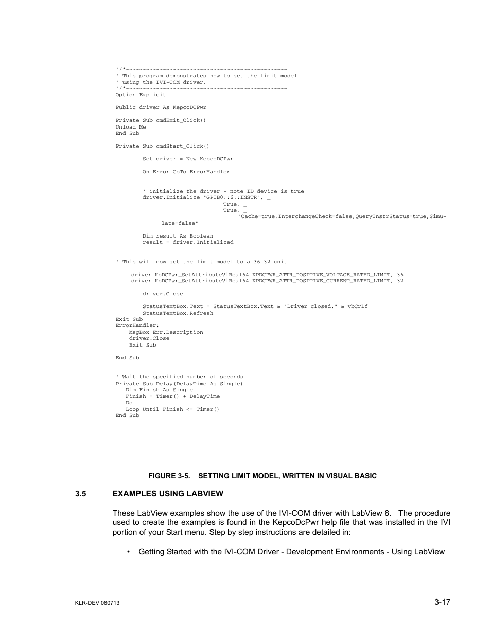 5 examples using labview, Examples using labview -17, Setting limit model, written in visual basic -17 | KEPCO KLR Series Developers Guide User Manual | Page 39 / 128