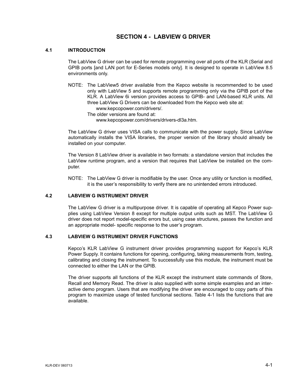 Section 4 - labview g driver, 1 introduction, 2 labview g instrument driver | 3 labview g instrument driver functions, Labview g instrument driver -1, Labview g instrument driver functions -1, N 4) | KEPCO KLR Series Developers Guide User Manual | Page 43 / 128