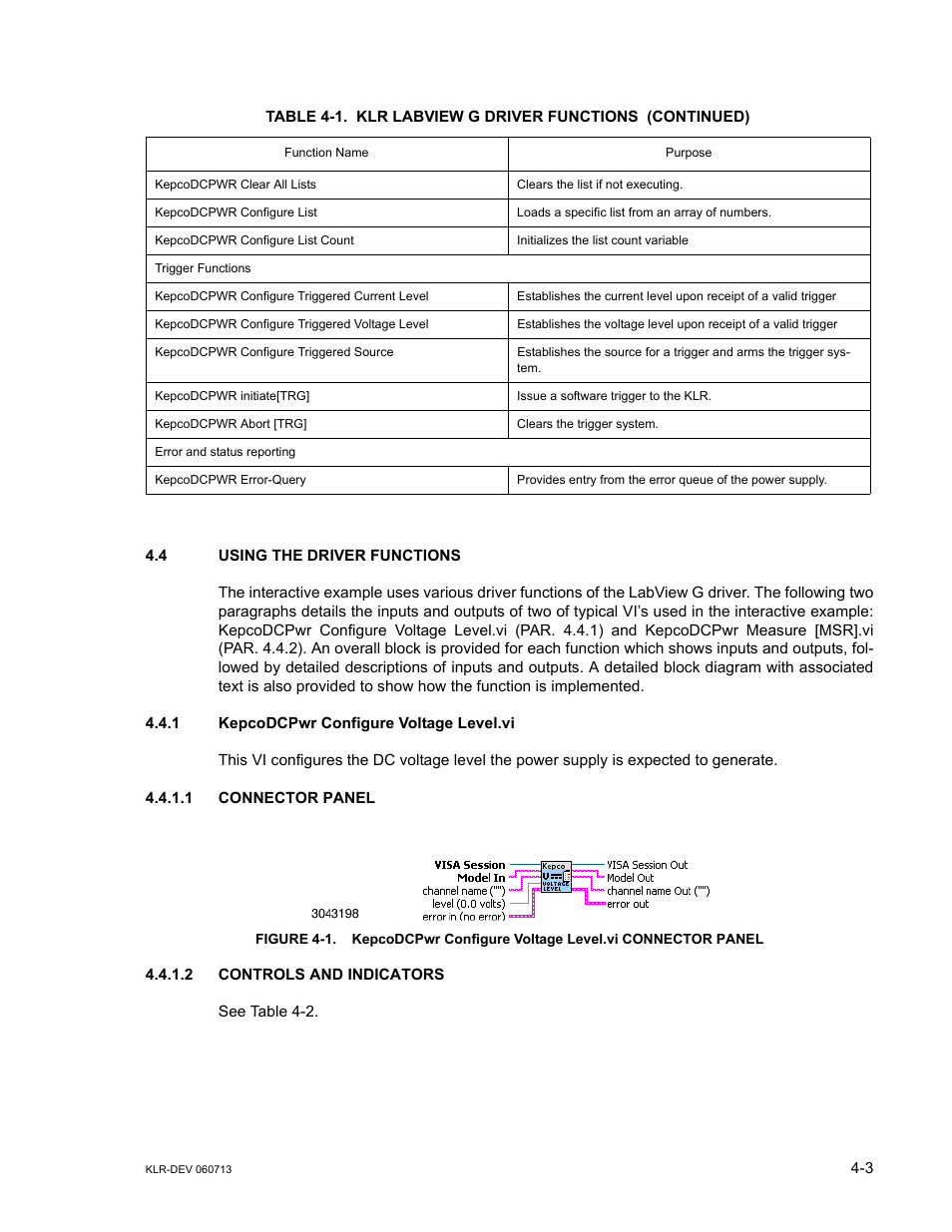 4 using the driver functions, 1 kepcodcpwr configure voltage level.vi, 1 connector panel | 2 controls and indicators, Using the driver functions -3, Epco, Connector panel -3, Controls and indicators -3 | KEPCO KLR Series Developers Guide User Manual | Page 45 / 128