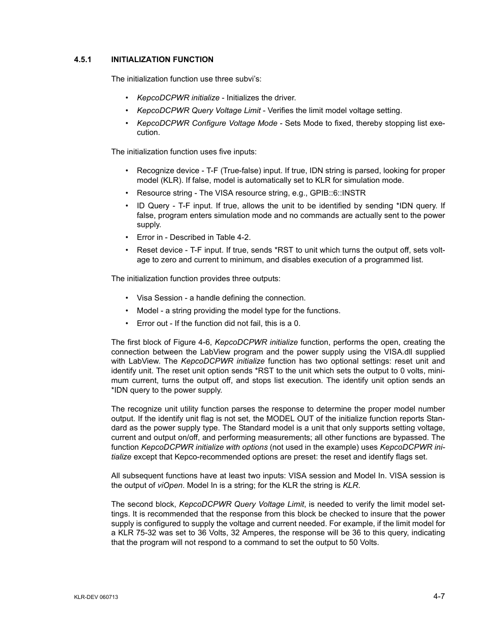 1 initialization function, Initialization function -7 | KEPCO KLR Series Developers Guide User Manual | Page 49 / 128