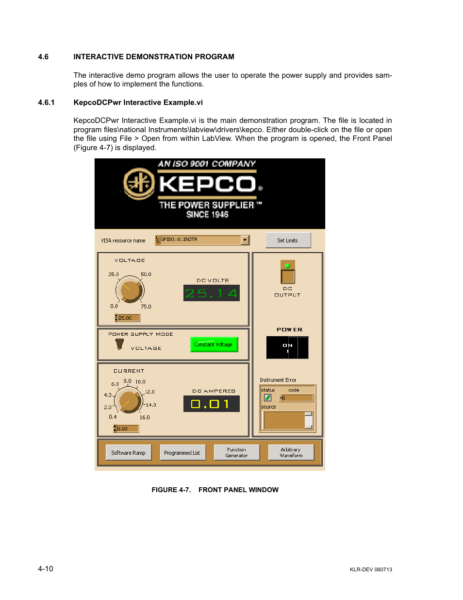 6 interactive demonstration program, 1 kepcodcpwr interactive example.vi, Figure 4-7. front panel window | Interactive demonstration program -10, Kepcodcpwr interactive example.vi -10, Front panel window -10 | KEPCO KLR Series Developers Guide User Manual | Page 52 / 128