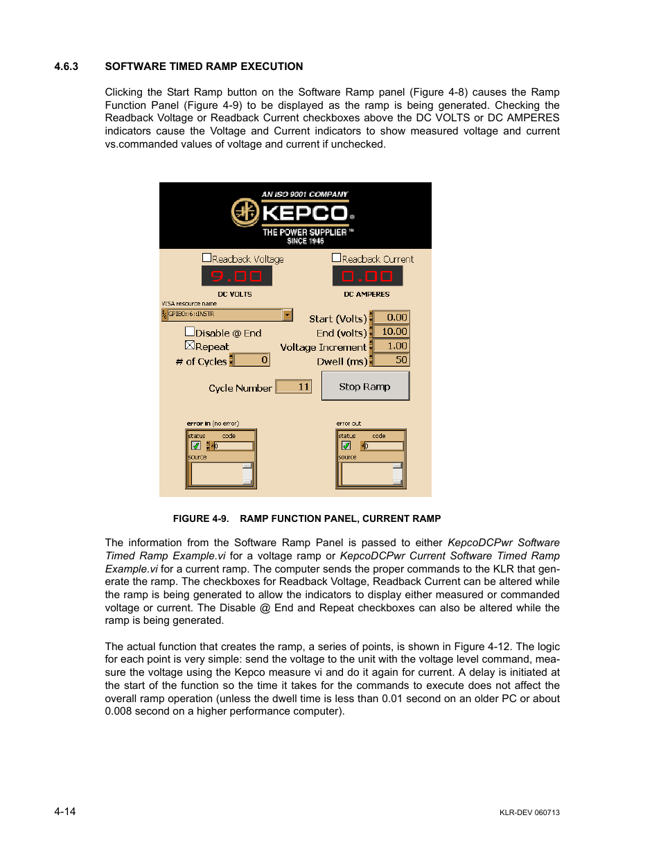 3 software timed ramp execution, Figure 4-9. ramp function panel, current ramp, Software timed ramp execution -14 | Ramp function panel, current ramp -14 | KEPCO KLR Series Developers Guide User Manual | Page 56 / 128