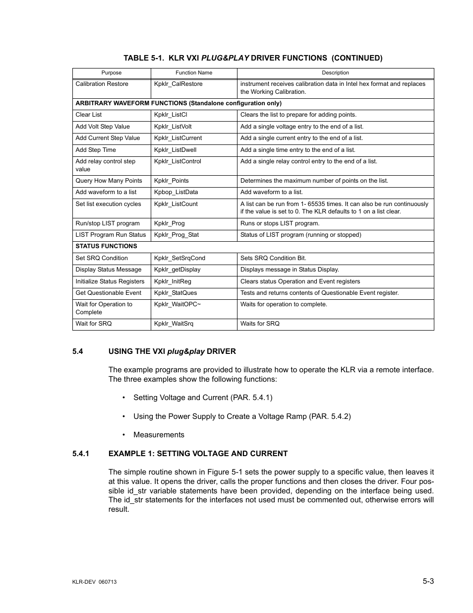 4 using the vxi plug&play driver, 1 example 1: setting voltage and current, Using the vxi plug&play driver -3 | Example 1: setting voltage and current -3 | KEPCO KLR Series Developers Guide User Manual | Page 65 / 128