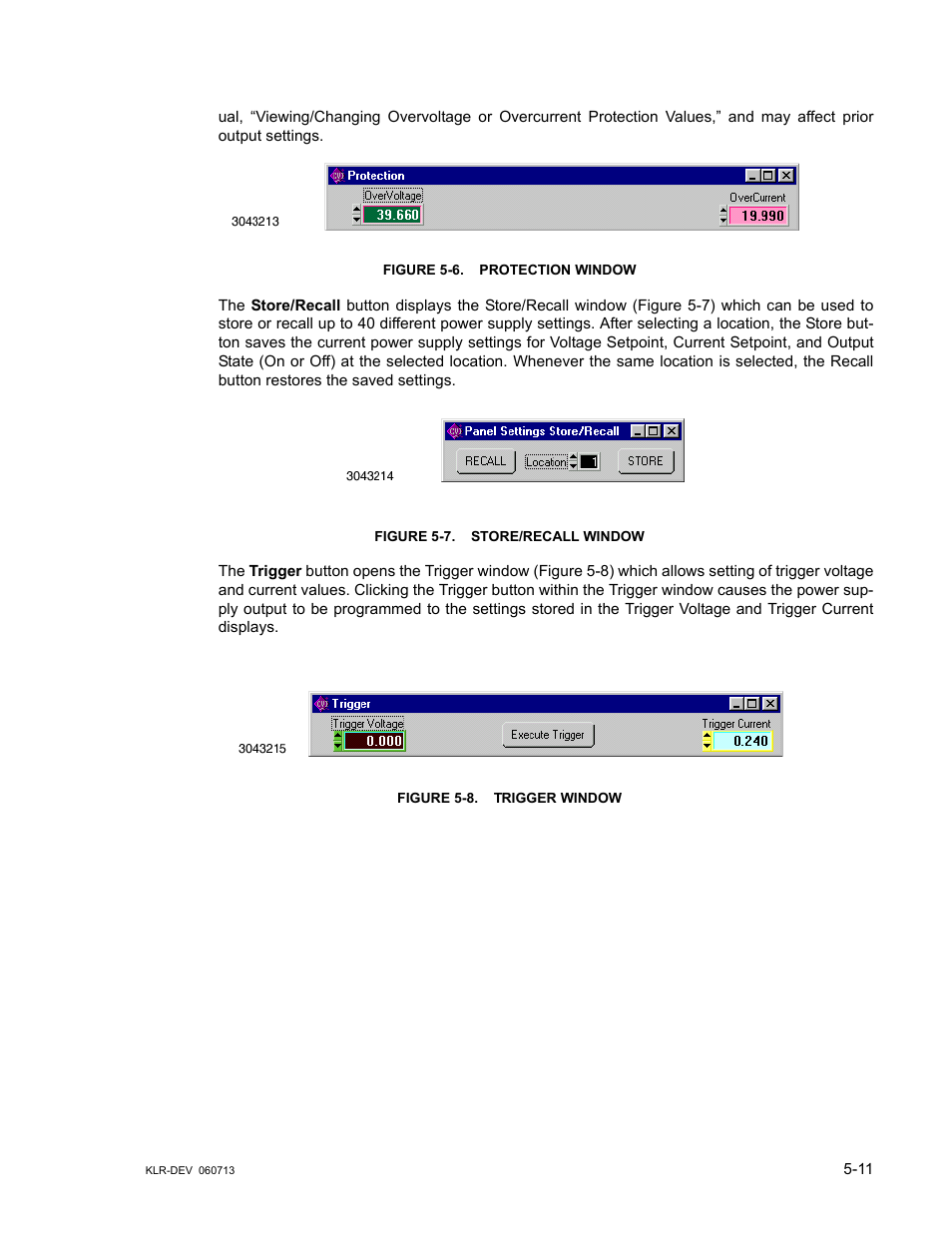 Figure 5-6. protection window, Figure 5-7. store/recall window, Figure 5-8. trigger window | Protection window -11, Store/recall window -11, Trigger window -11 | KEPCO KLR Series Developers Guide User Manual | Page 73 / 128