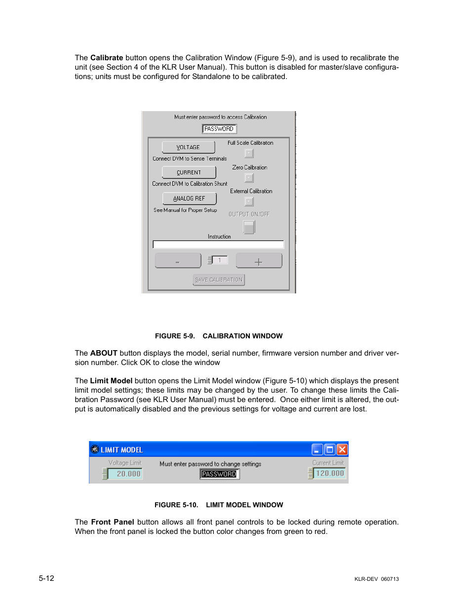 Figure 5-9. calibration window, Figure 5-10. limit model window, Calibration window -12 | 10 limit model window -12 | KEPCO KLR Series Developers Guide User Manual | Page 74 / 128