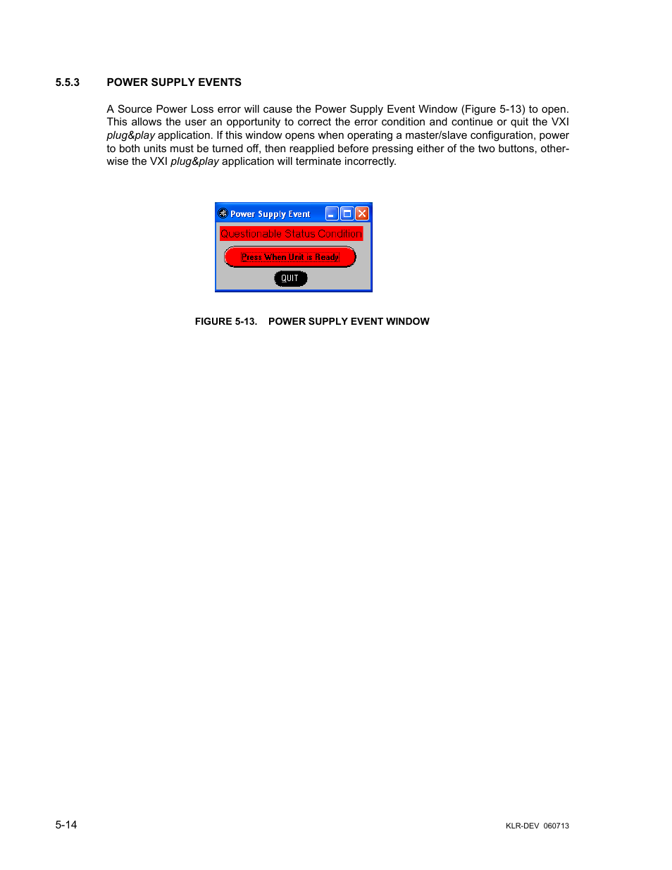 3 power supply events, Figure 5-13. power supply event window, Power supply events -14 | 13 power supply event window -14 | KEPCO KLR Series Developers Guide User Manual | Page 76 / 128