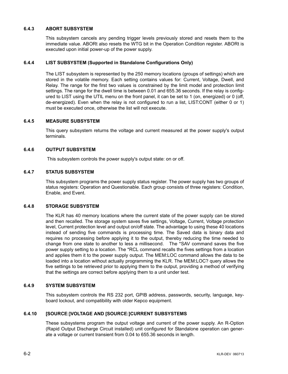 3 abort subsystem, 4 list subsystem, 5 measure subsystem | 6 output subsystem, 7 status subsystem, 8 storage subsystem, 9 system subsystem, Abort subsystem -2, List subsystem -2, Measure subsystem -2 | KEPCO KLR Series Developers Guide User Manual | Page 78 / 128