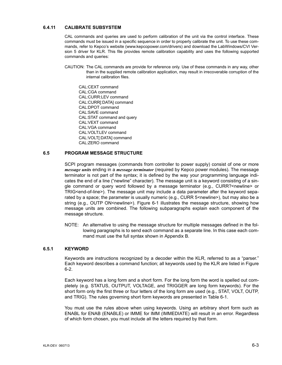 11 calibrate subsystem, 5 program message structure, 1 keyword | Calibrate subsystem -3, Program message structure -3, Keyword -3 | KEPCO KLR Series Developers Guide User Manual | Page 79 / 128