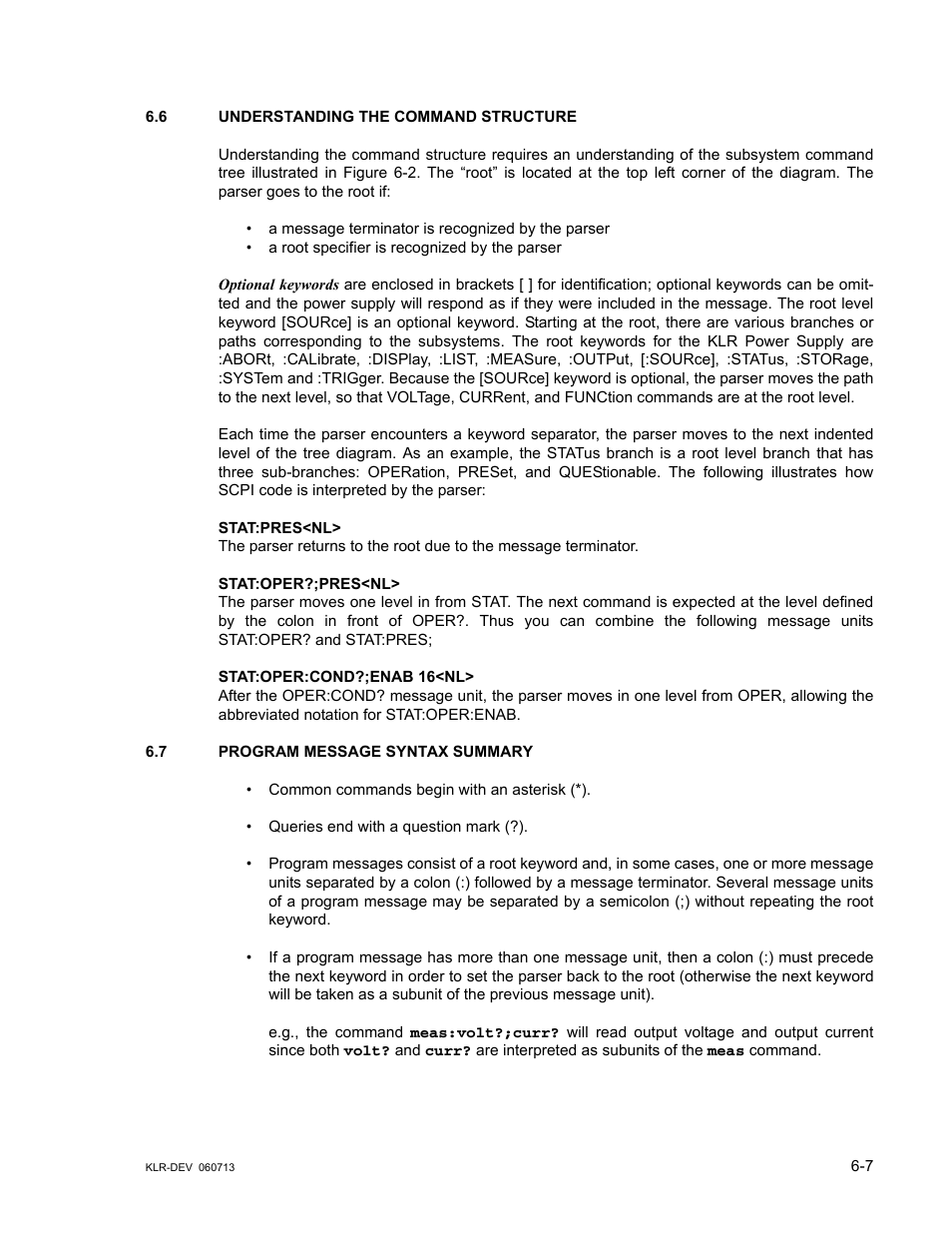 6 understanding the command structure, 7 program message syntax summary, Understanding the command structure -7 | Program message syntax summary -7 | KEPCO KLR Series Developers Guide User Manual | Page 83 / 128
