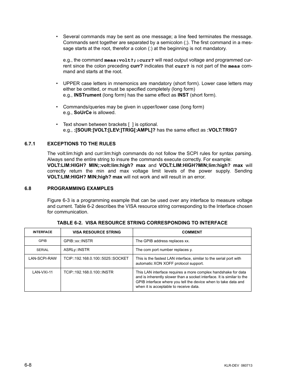 1 exceptions to the rules, 8 programming examples, Exceptions to the rules -8 | Programming examples -8, Visa resource string corresponding to interface -8, R. 6.8, all utiliz | KEPCO KLR Series Developers Guide User Manual | Page 84 / 128