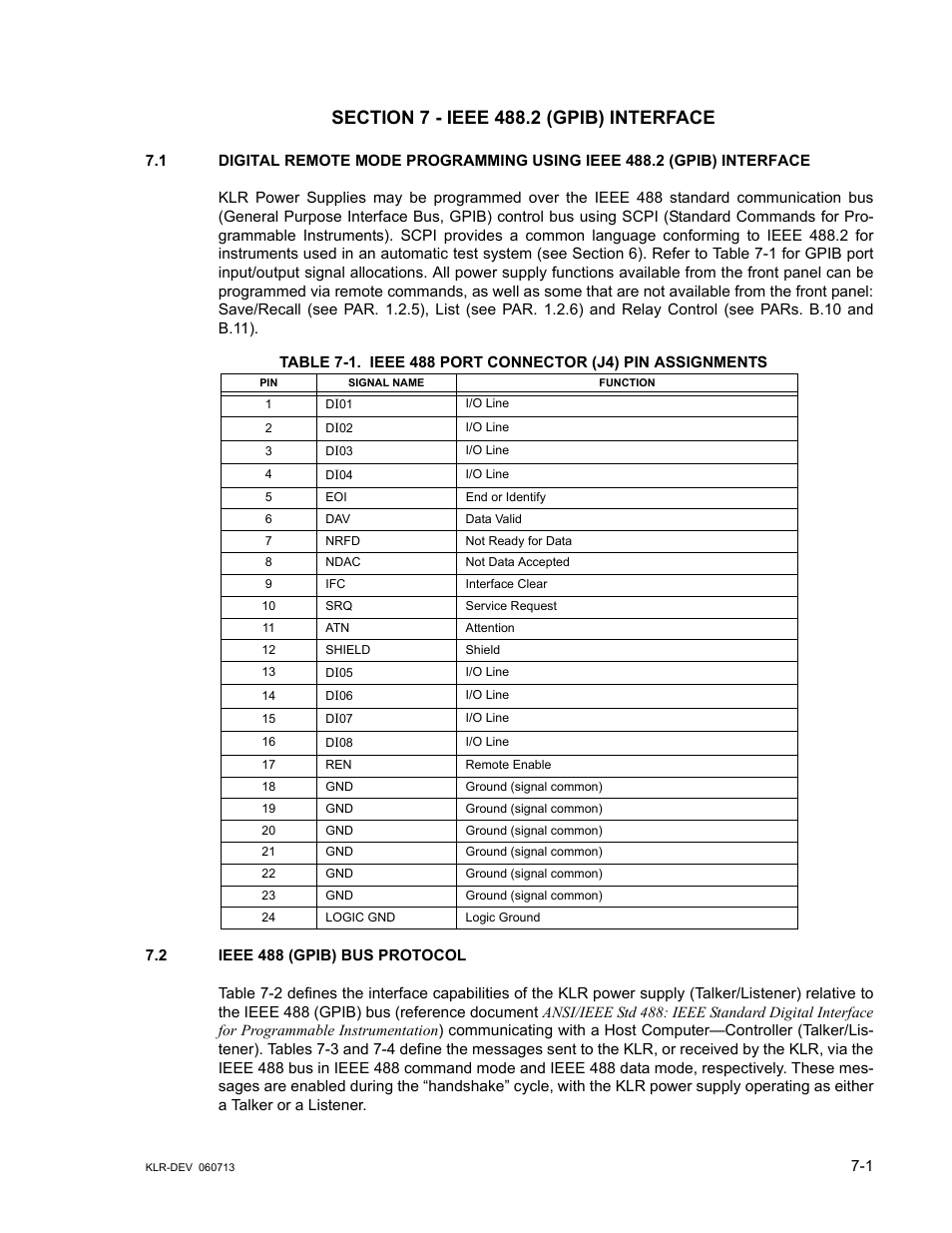 Section 7 - ieee 488.2 (gpib) interface, 2 ieee 488 (gpib) bus protocol, Ieee 488 (gpib) bus protocol -1 | Ieee 488 port connector (j4) pin assignments -1, See section 7), 7, ieee 488.2 (gpib) inter- face | KEPCO KLR Series Developers Guide User Manual | Page 87 / 128