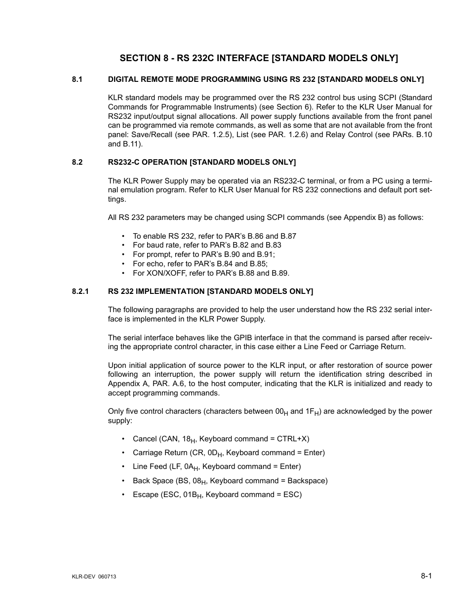 2 rs232-c operation [standard models only, 1 rs 232 implementation [standard models only, Rs232-c operation [standard models only] -1 | Rs 232 implementation [standard models only] -1, N 8) | KEPCO KLR Series Developers Guide User Manual | Page 91 / 128
