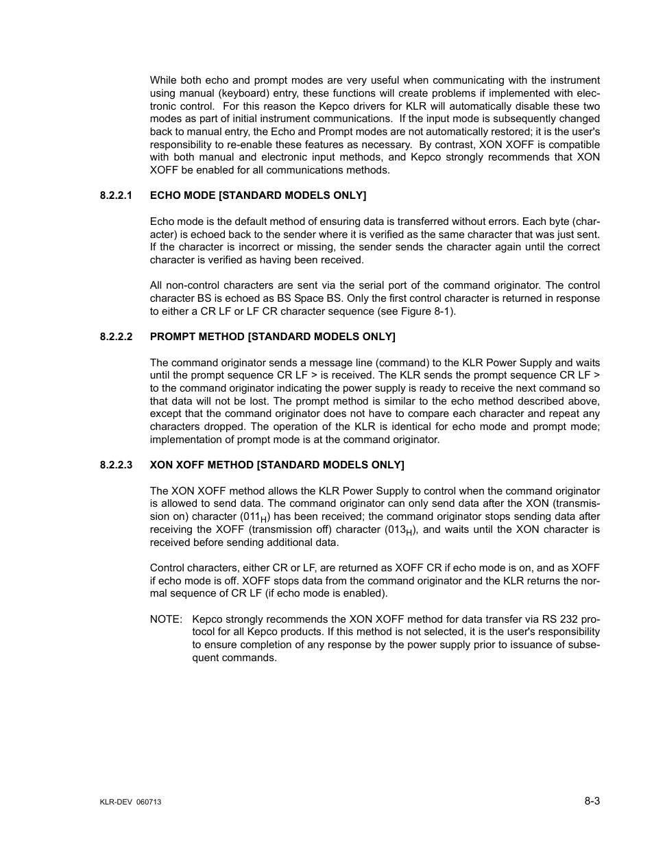 1 echo mode [standard models only, 2 prompt method [standard models only, 3 xon xoff method [standard models only | Echo mode [standard models only] -3, Prompt method [standard models only] -3, Xon xoff method [standard models only] -3 | KEPCO KLR Series Developers Guide User Manual | Page 93 / 128