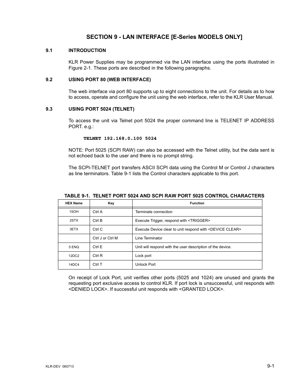 Section 9 - lan interface [e-series models only, 1 introduction, 2 using port 80 (web interface) | 3 using port 5024 (telnet), Using port 80 (web interface) -1, Using port 5024 (telnet) -1, N 9) | KEPCO KLR Series Developers Guide User Manual | Page 95 / 128