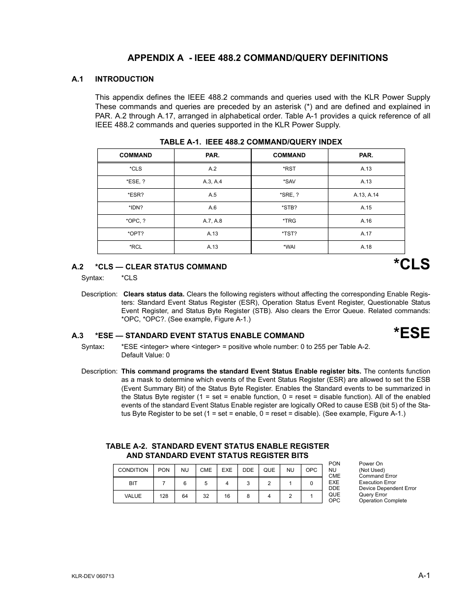 Appendix a - ieee 488.2 command/query definitions, A.1 introduction, Table a-1. ieee 488.2 command/query index | A.2 *cls — clear status command, A.3 *ese — standard event status enable command, Ported (see appendix a), R. a.3) | KEPCO KLR Series Developers Guide User Manual | Page 97 / 128