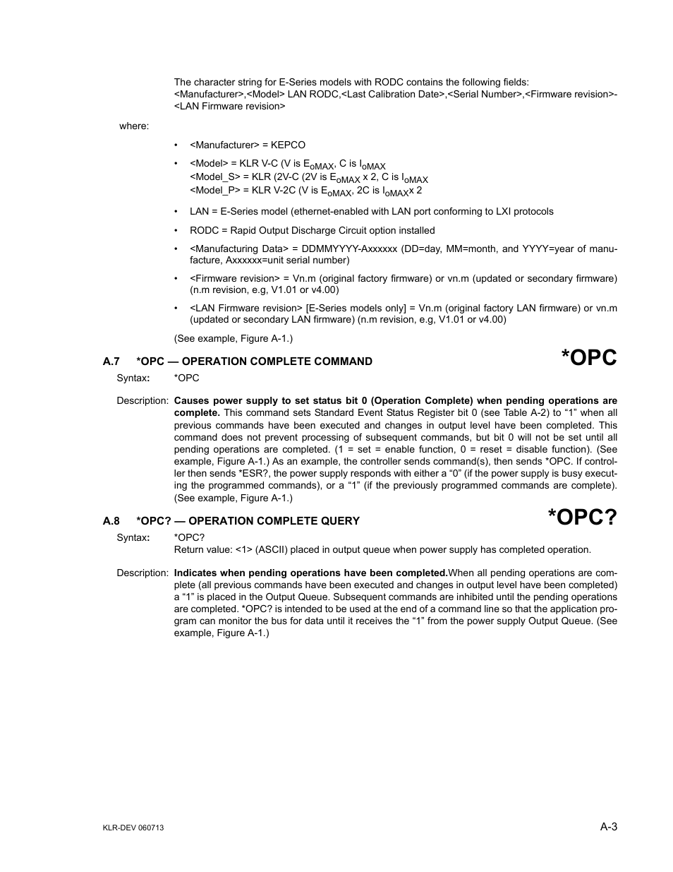 A.7 *opc — operation complete command, A.8 *opc? — operation complete query, A.7, a.8 | KEPCO KLR Series Developers Guide User Manual | Page 99 / 128