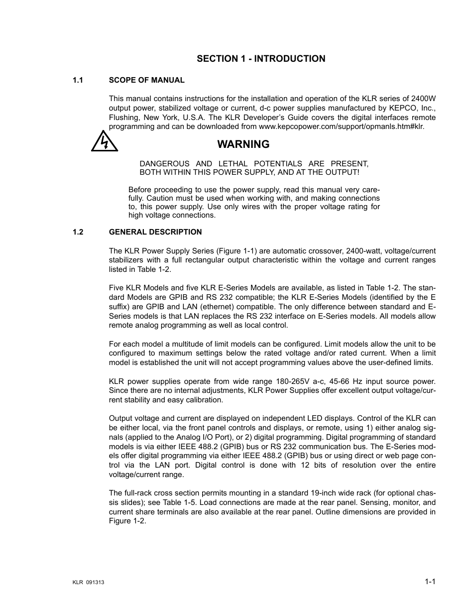 Section 1 - introduction, 1 scope of manual, 2 general description | Scope of manual -1, General description -1, Warning | KEPCO KLR Series User Manual User Manual | Page 13 / 92