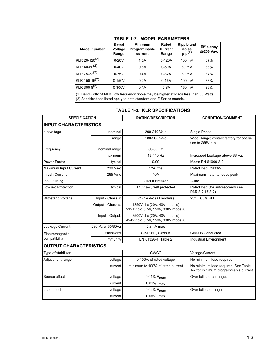 Table 1-2. model parameters, Table 1-3. klr specifications, Model parameters -3 | Klr specifications -3, E 1-2 | KEPCO KLR Series User Manual User Manual | Page 15 / 92