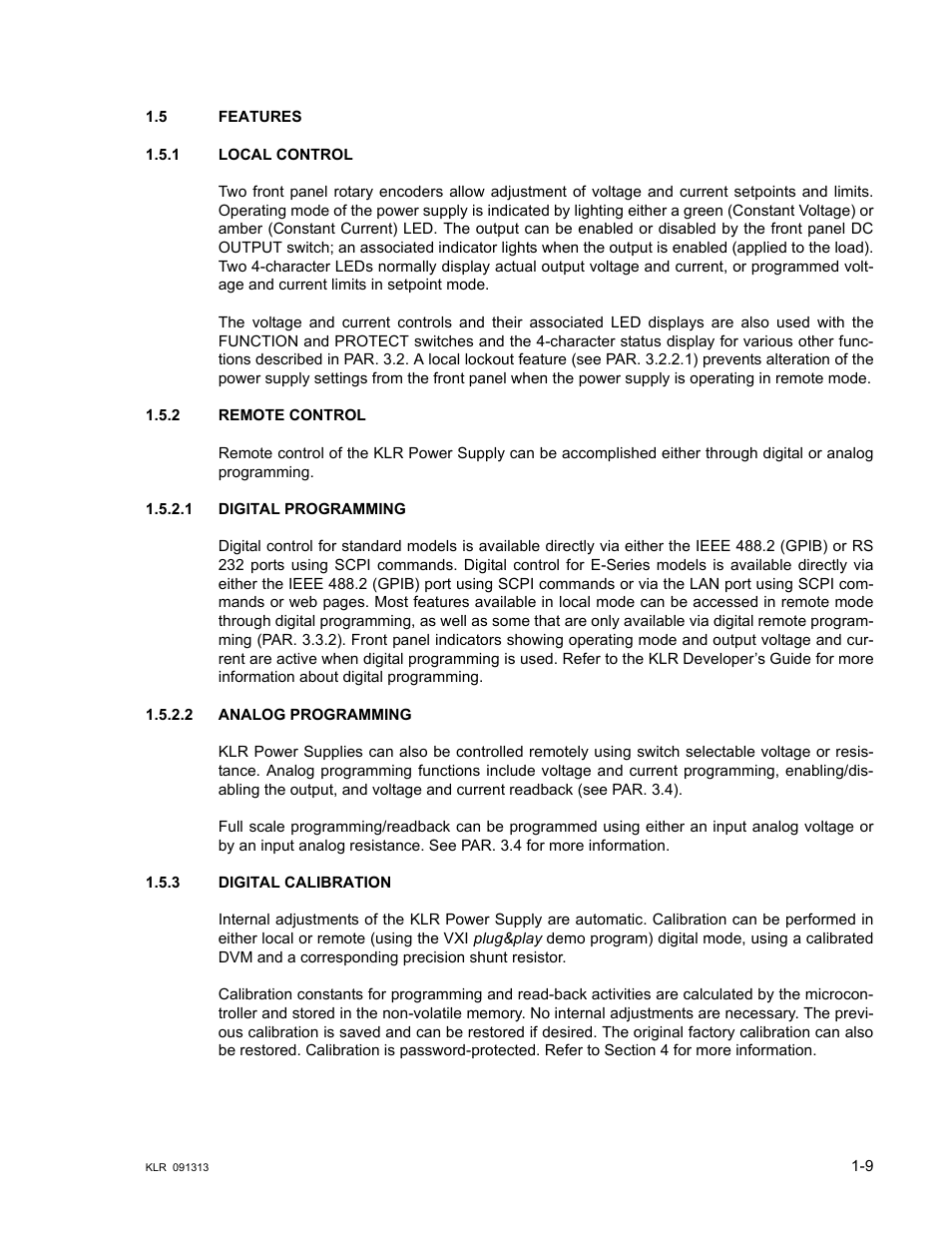 5 features, 1 local control, 2 remote control | 1 digital programming, 2 analog programming, 3 digital calibration, Features -9, Local control -9, Remote control -9, Digital programming -9 | KEPCO KLR Series User Manual User Manual | Page 21 / 92