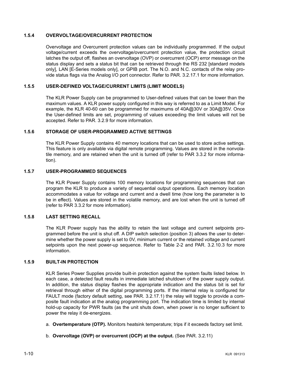 4 overvoltage/overcurrent protection, 6 storage of user-programmed active settings, 7 user-programmed sequences | 8 last setting recall, 9 built-in protection, Overvoltage/overcurrent protection -10, Storage of user-programmed active settings -10, User-programmed sequences -10, Last setting recall -10, Built-in protection -10 | KEPCO KLR Series User Manual User Manual | Page 22 / 92