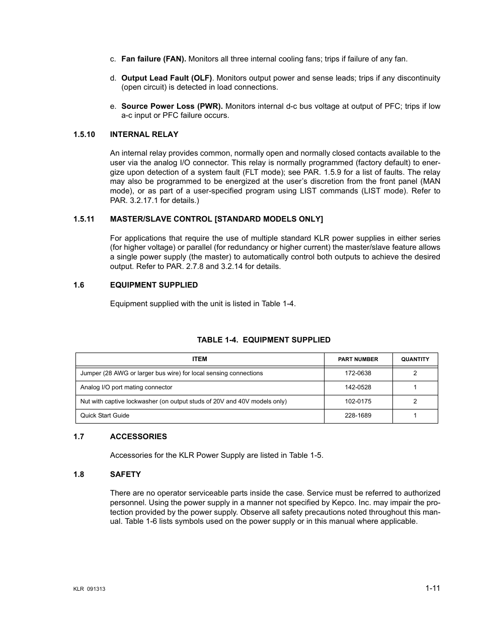 10 internal relay, 11 master/slave control [standard models only, 6 equipment supplied | Table 1-4. equipment supplied, 7 accessories, 8 safety, Internal relay -11, Master/slave control [standard models only] -11, Equipment supplied -11, Accessories -11 | KEPCO KLR Series User Manual User Manual | Page 23 / 92