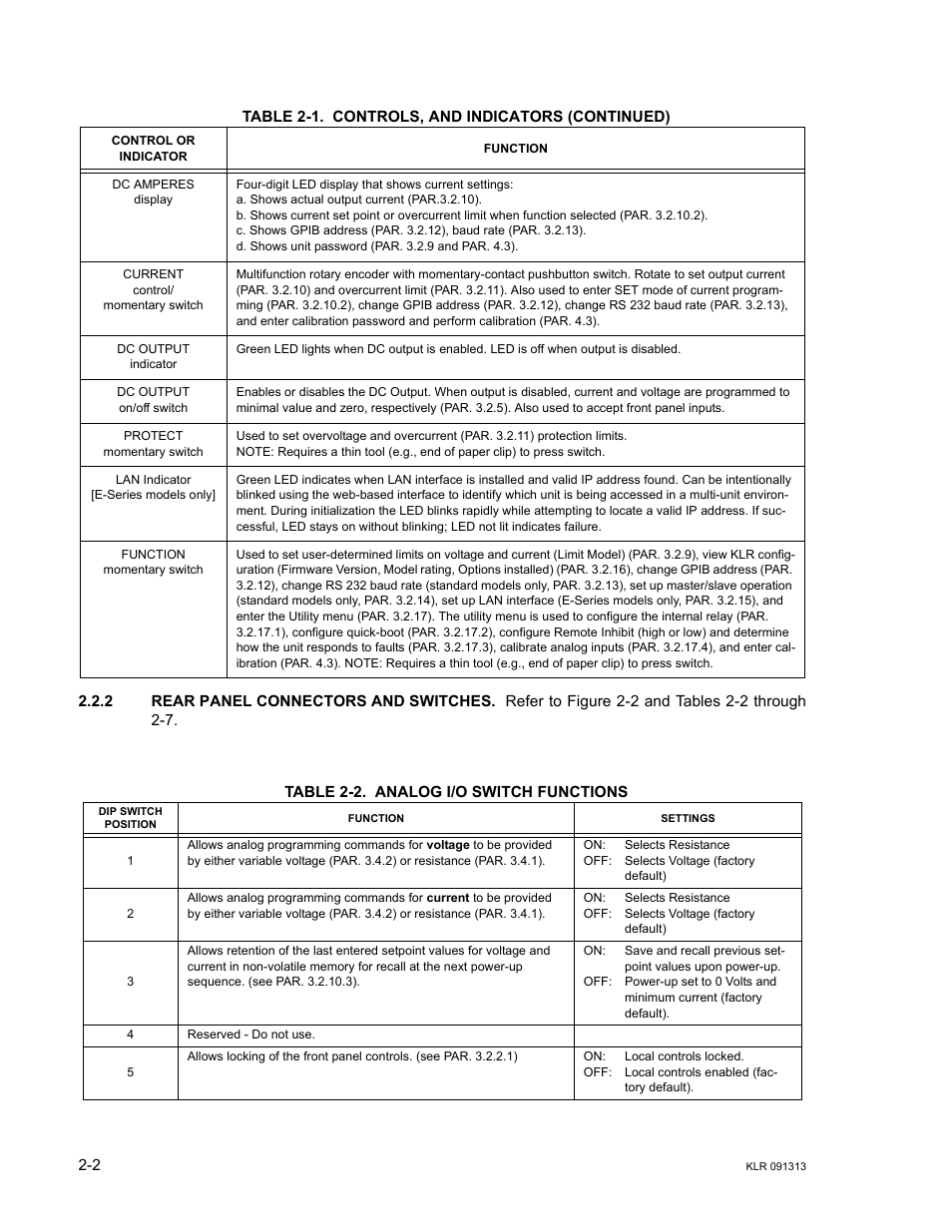 2 rear panel connectors and switches, Table 2-2. analog i/o switch functions, Rear panel connectors and switches -2 | Analog i/o switch functions -2 | KEPCO KLR Series User Manual User Manual | Page 26 / 92