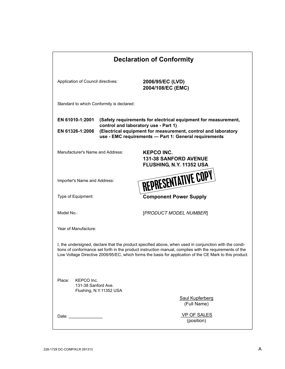Represent ative cop y, Declaration of conformity | KEPCO KLR Series User Manual User Manual | Page 3 / 92