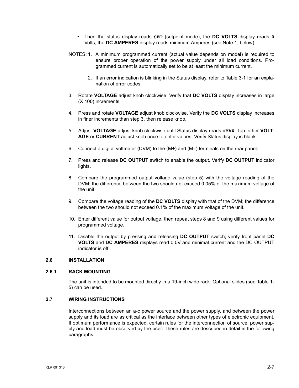 6 installation, 1 rack mounting, 7 wiring instructions | Installation -7, Rack mounting -7, Wiring instructions -7 | KEPCO KLR Series User Manual User Manual | Page 31 / 92