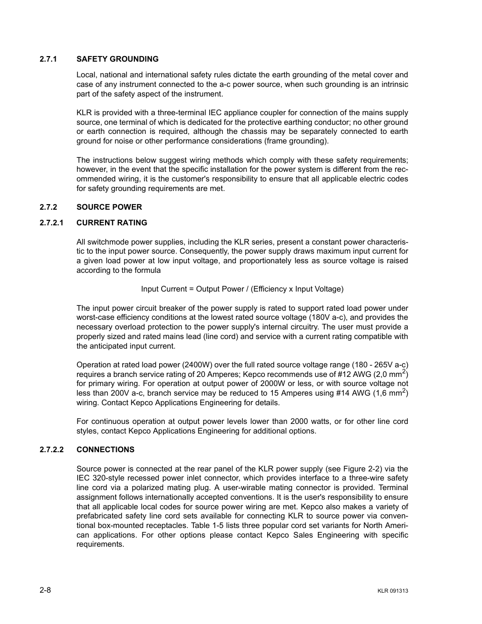 1 safety grounding, 2 source power, 1 current rating | 2 connections, Safety grounding -8, Source power -8, Current rating -8, Connections -8 | KEPCO KLR Series User Manual User Manual | Page 32 / 92
