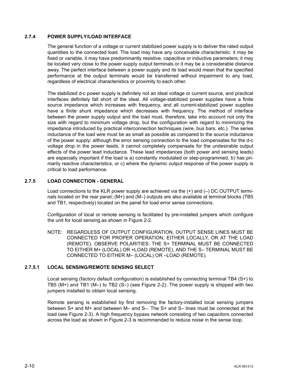 4 power supply/load interface, 5 load connection - general, 1 local sensing/remote sensing select | Power supply/load interface -10, Load connection - general -10, Local sensing/remote sensing select -10, R. 2.7.5.1) | KEPCO KLR Series User Manual User Manual | Page 34 / 92