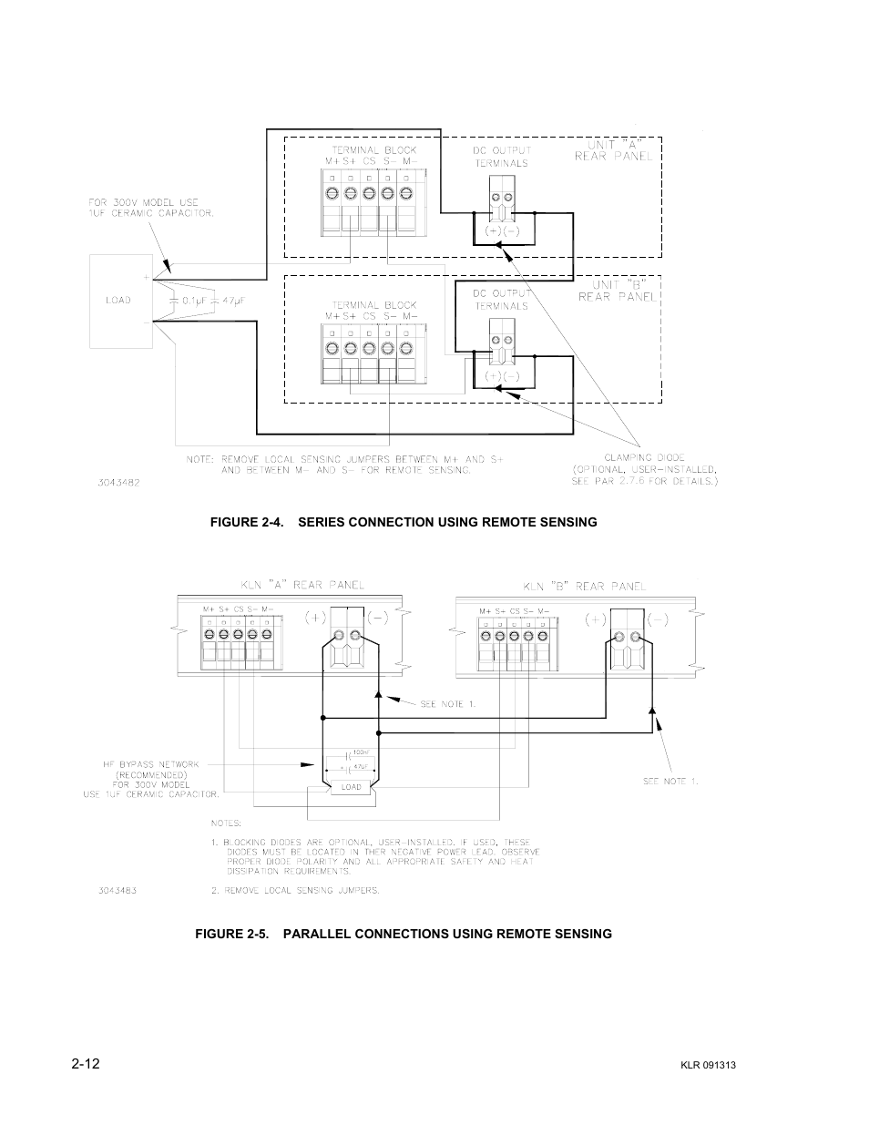 Figure 2-4. series connection using remote sensing, Series connection using remote sensing -12, Parallel connections using remote sensing -12 | KEPCO KLR Series User Manual User Manual | Page 36 / 92