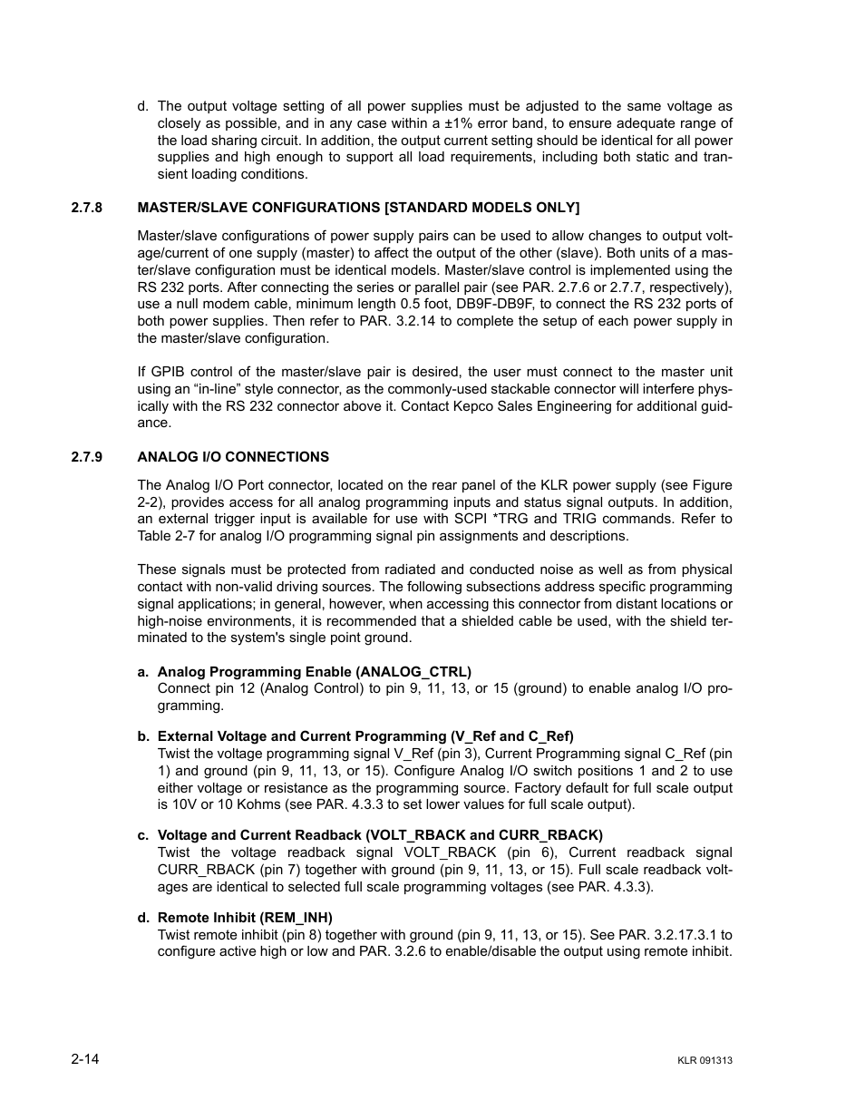 9 analog i/o connections, Analog i/o connections -14, S. 2.7.8 | KEPCO KLR Series User Manual User Manual | Page 38 / 92