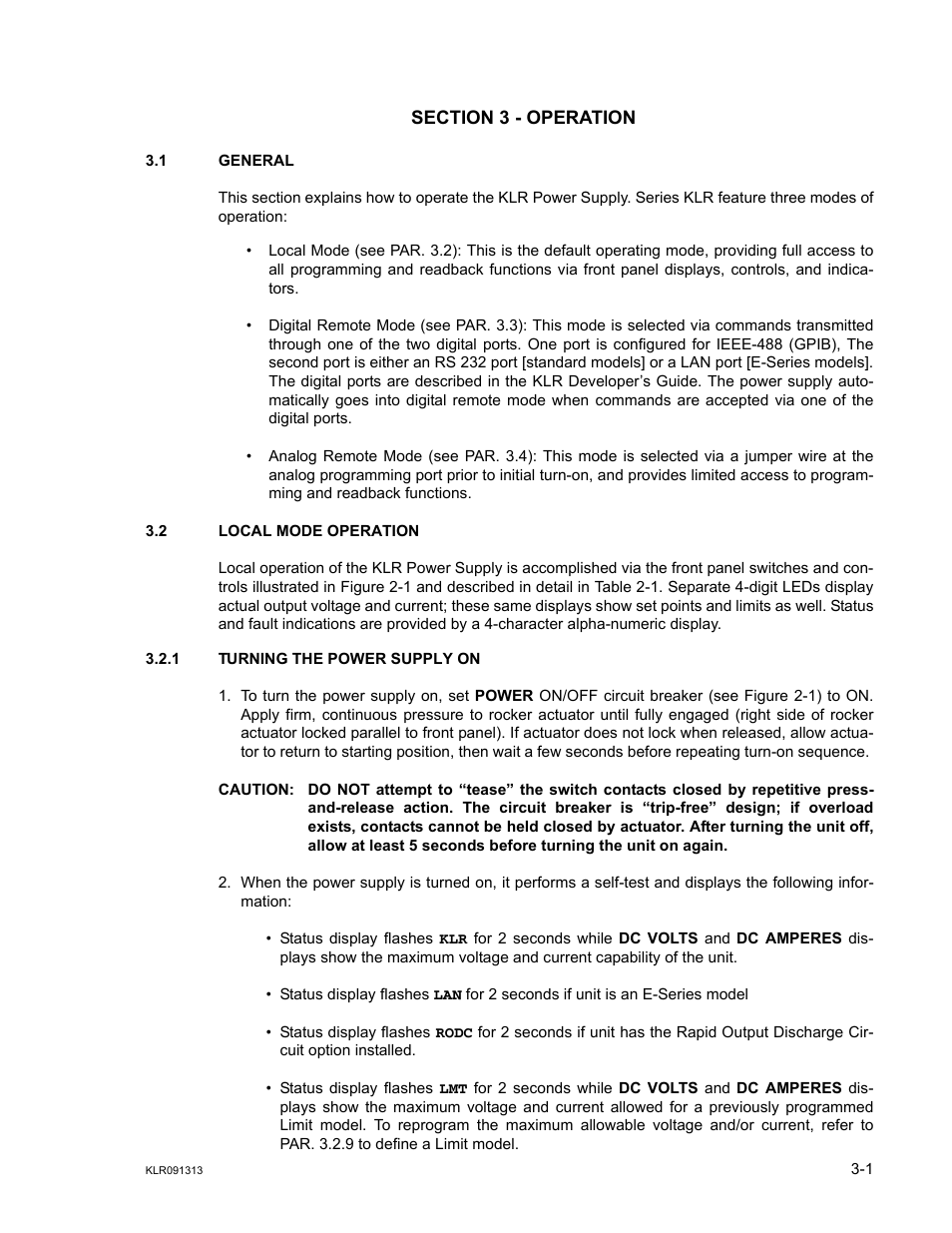 Section 3 - operation, 1 general, 2 local mode operation | 1 turning the power supply on, General -1, Local mode operation -1, Turning the power supply on -1 | KEPCO KLR Series User Manual User Manual | Page 41 / 92