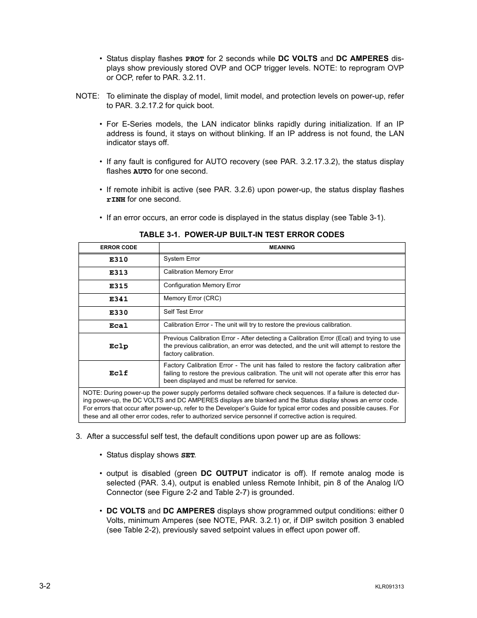 Table 3-1. power-up built-in test error codes, Power-up built-in test error codes -2 | KEPCO KLR Series User Manual User Manual | Page 42 / 92