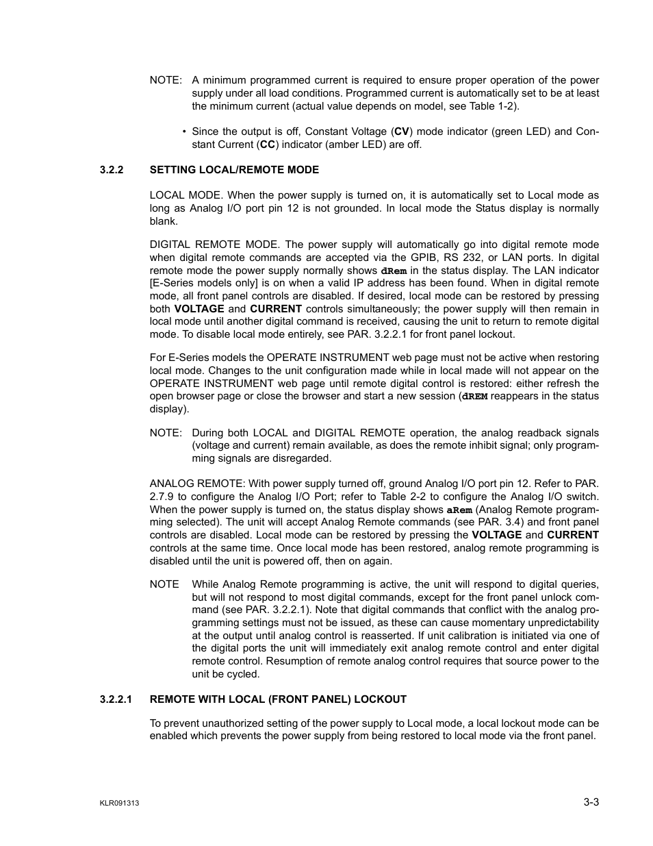 2 setting local/remote mode, 1 remote with local (front panel) lockout, Setting local/remote mode -3 | Remote with local (front panel) lockout -3, R. 3.2.2.1) | KEPCO KLR Series User Manual User Manual | Page 43 / 92