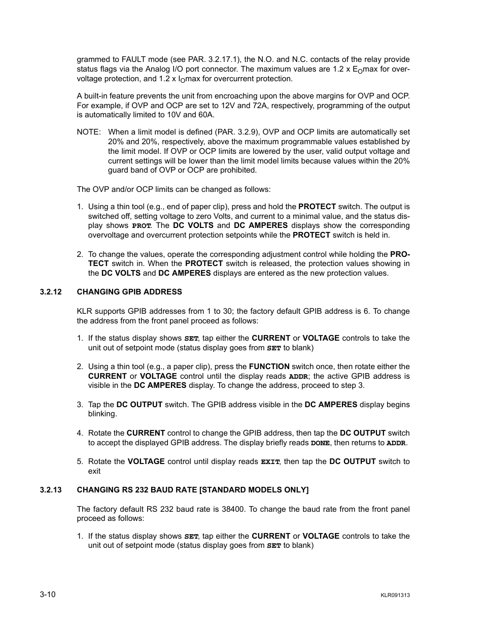 12 changing gpib address, 13 changing rs 232 baud rate [standard models only, Changing gpib address -10 | Ar. 3.2.13), R. 3.2.13 to ch, Ar 3.2.12), R 3.2.13 | KEPCO KLR Series User Manual User Manual | Page 50 / 92