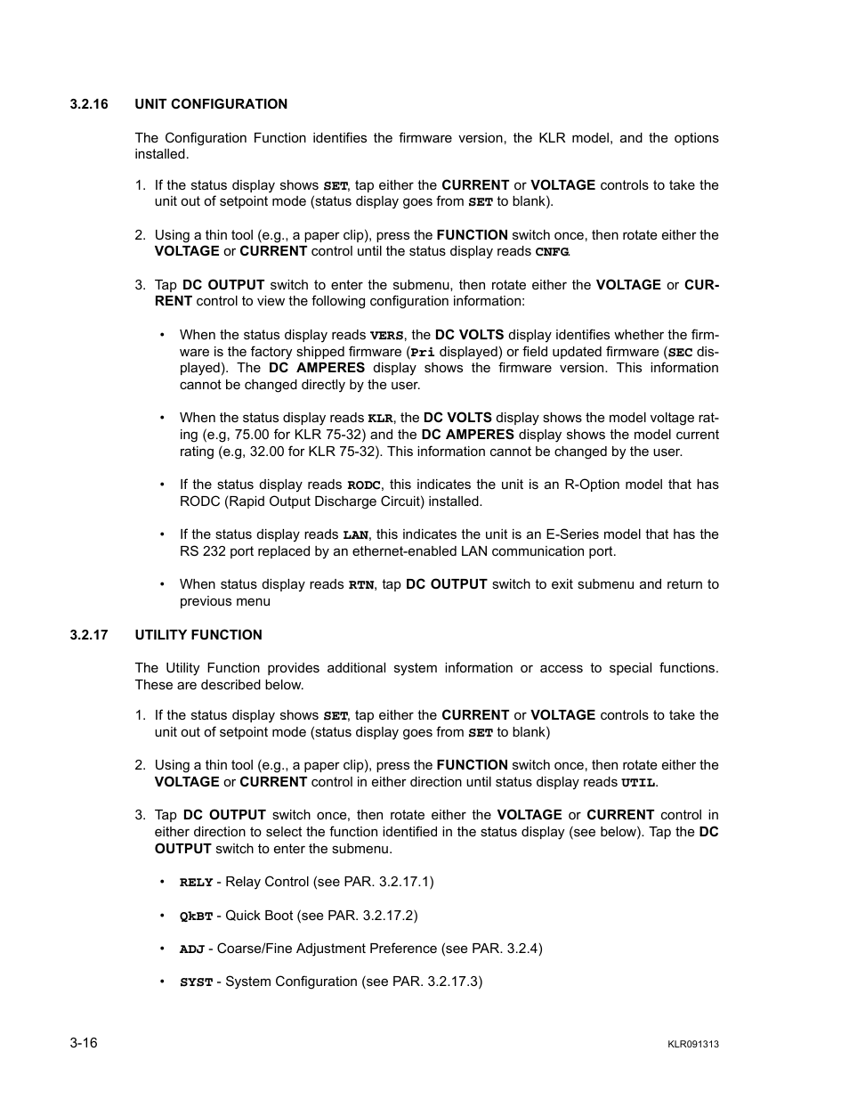 16 unit configuration, 17 utility function, Unit configuration -16 | Utility function -16, Ar. 3.2.16), Ar 3.2.16) | KEPCO KLR Series User Manual User Manual | Page 56 / 92