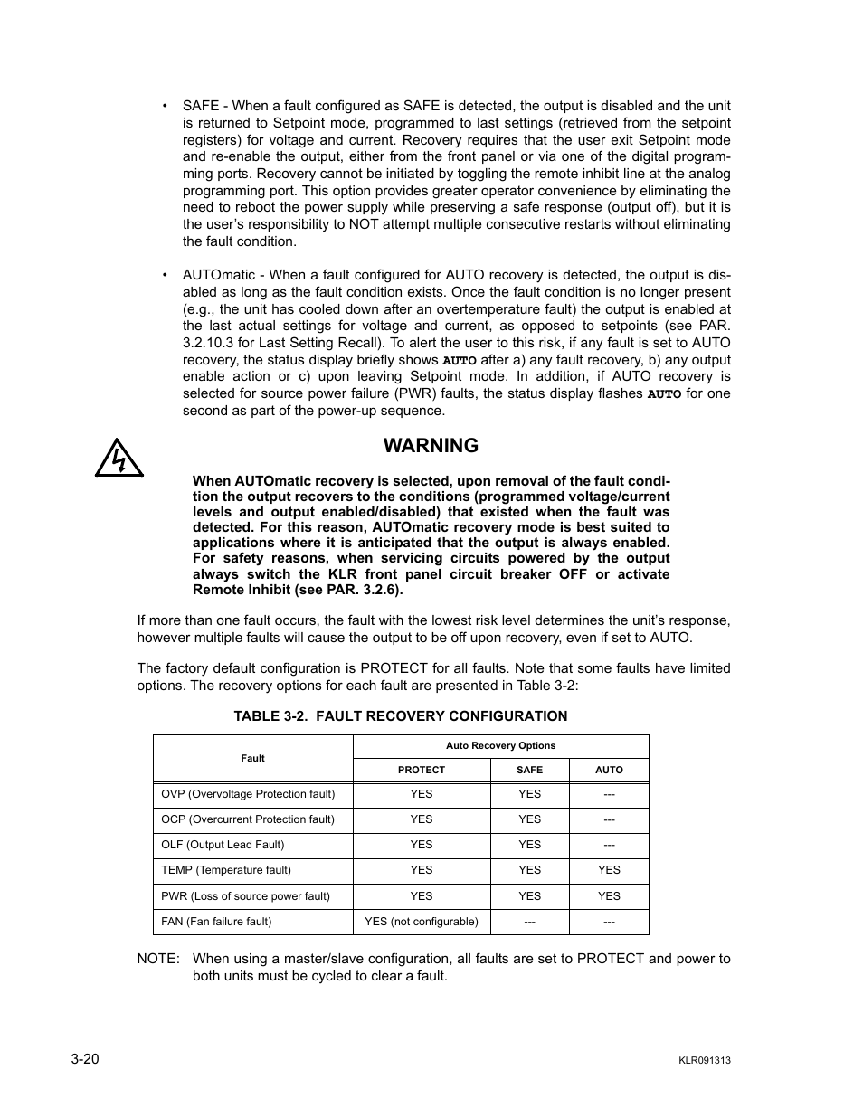 Table 3-2. fault recovery configuration, Fault recovery configuration -20, Warning | KEPCO KLR Series User Manual User Manual | Page 60 / 92