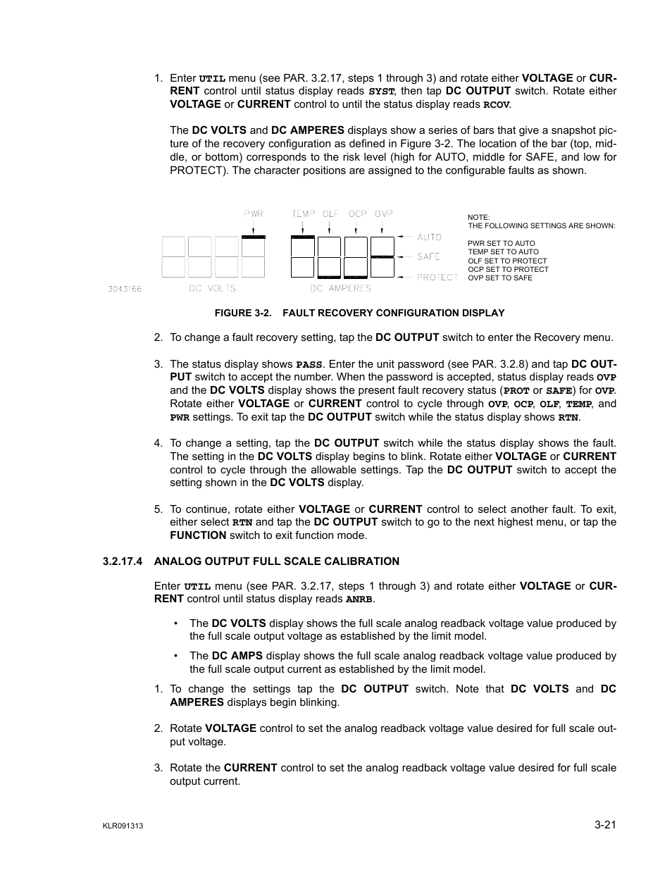 Figure 3-2. fault recovery configuration display, 4 analog output full scale calibration, Analog output full scale calibration -21 | Fault recovery configuration display -21, Ar. 3.2.17.4), and, R. 3.2.17.4) | KEPCO KLR Series User Manual User Manual | Page 61 / 92