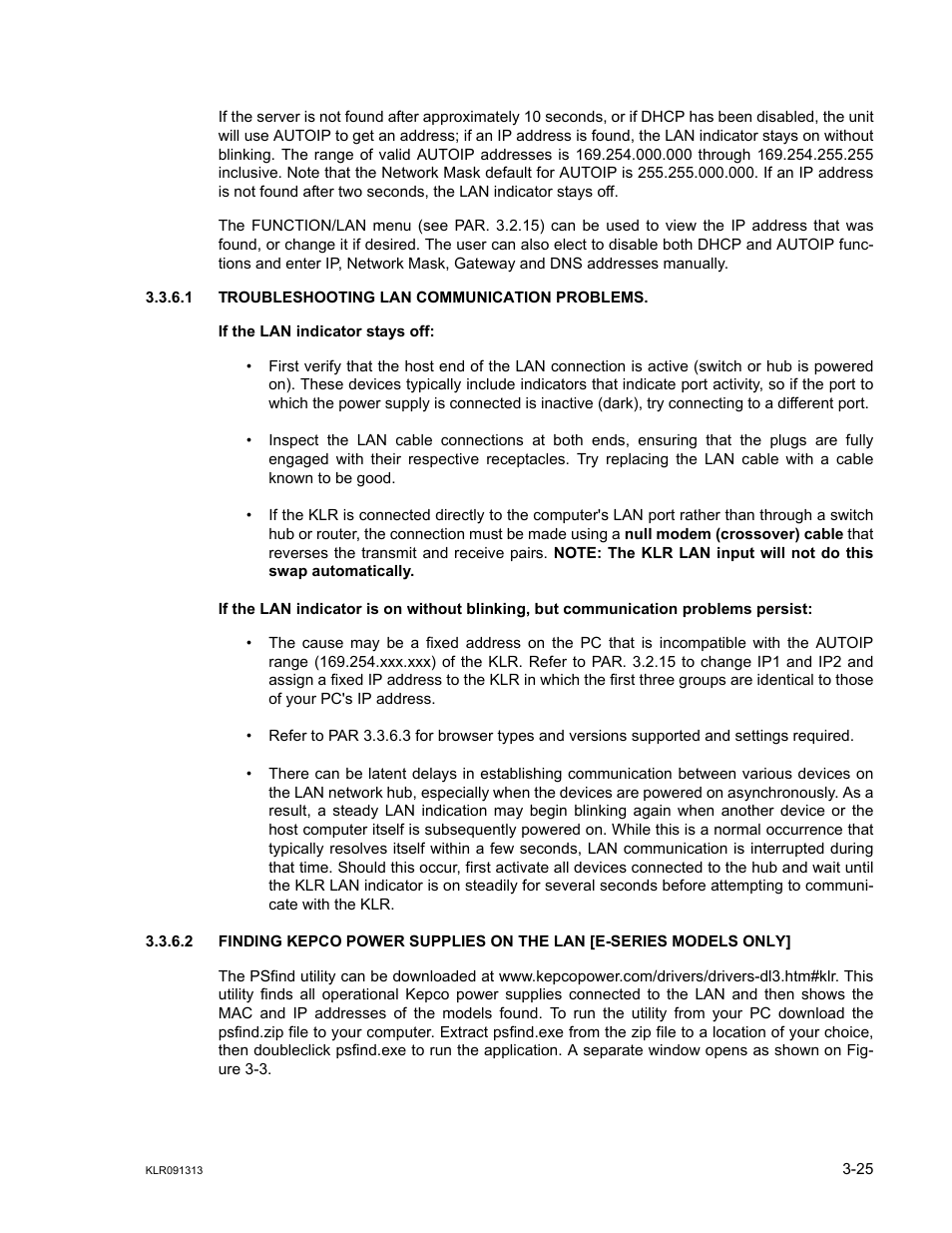 1 troubleshooting lan communication problems, Troubleshooting lan communication problems -25 | KEPCO KLR Series User Manual User Manual | Page 65 / 92