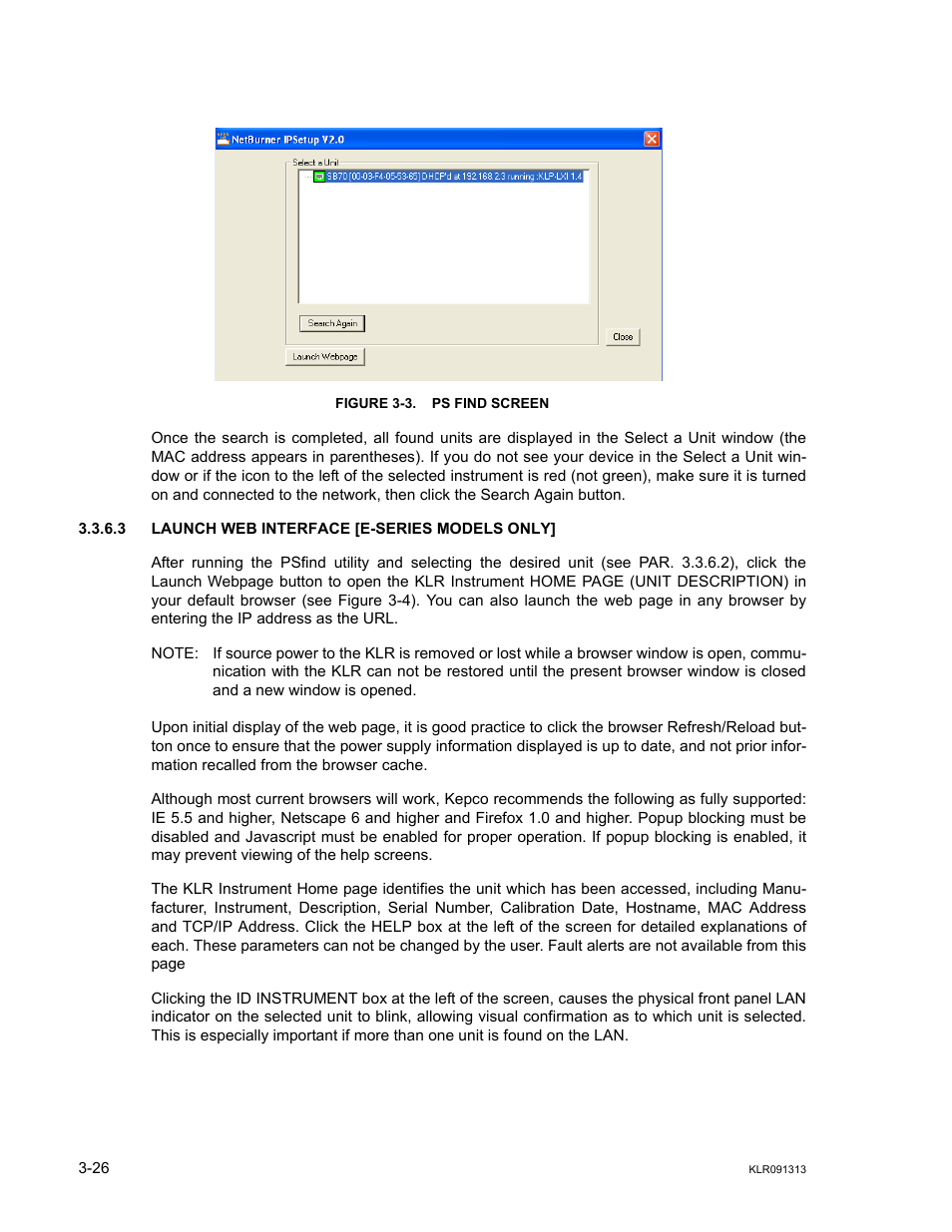 Figure 3-3. ps find screen, 3 launch web interface [e-series models only, Launch web interface [e-series models only] -26 | Ps find screen -26, R 3.3.6.3 for | KEPCO KLR Series User Manual User Manual | Page 66 / 92