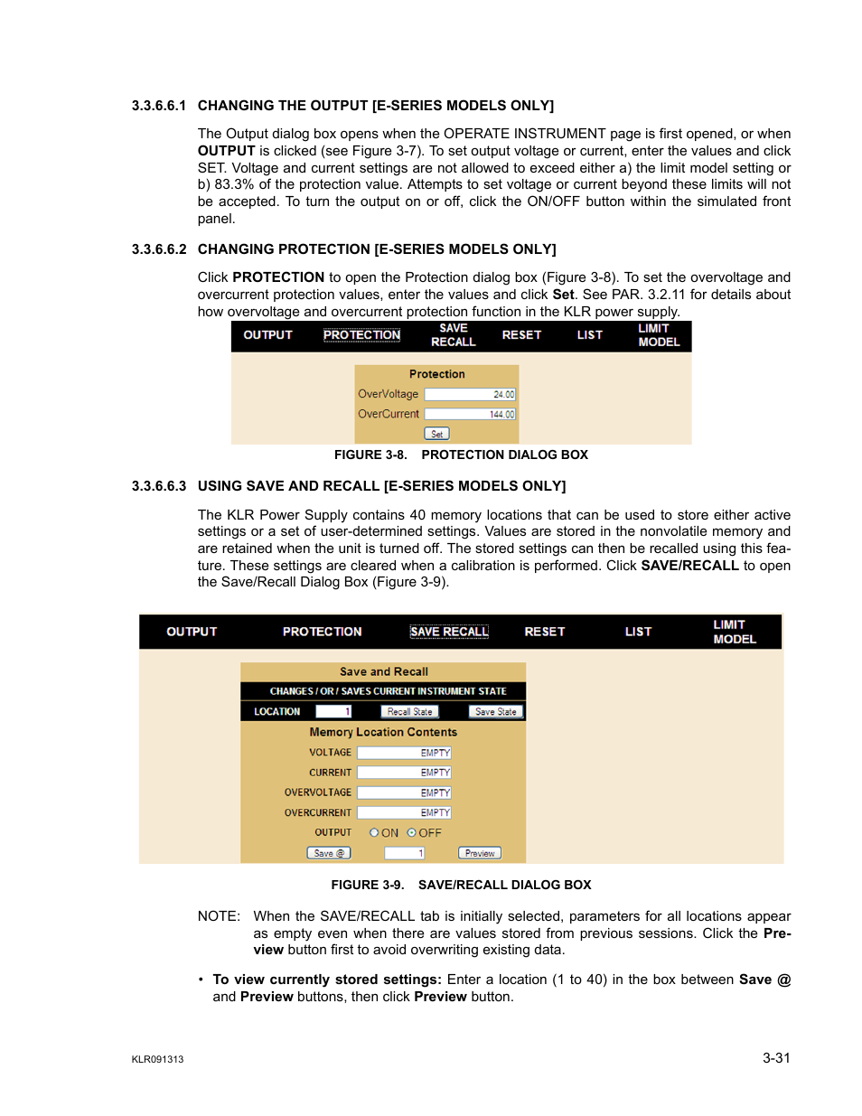 1 changing the output [e-series models only, 2 changing protection [e-series models only, Figure 3-8. protection dialog box | 3 using save and recall [e-series models only, Figure 3-9. save/recall dialog box, Changing the output [e-series models only] -31, Changing protection [e-series models only] -31, Using save and recall [e-series models only] -31, Protection dialog box -31, Save/recall dialog box -31 | KEPCO KLR Series User Manual User Manual | Page 71 / 92