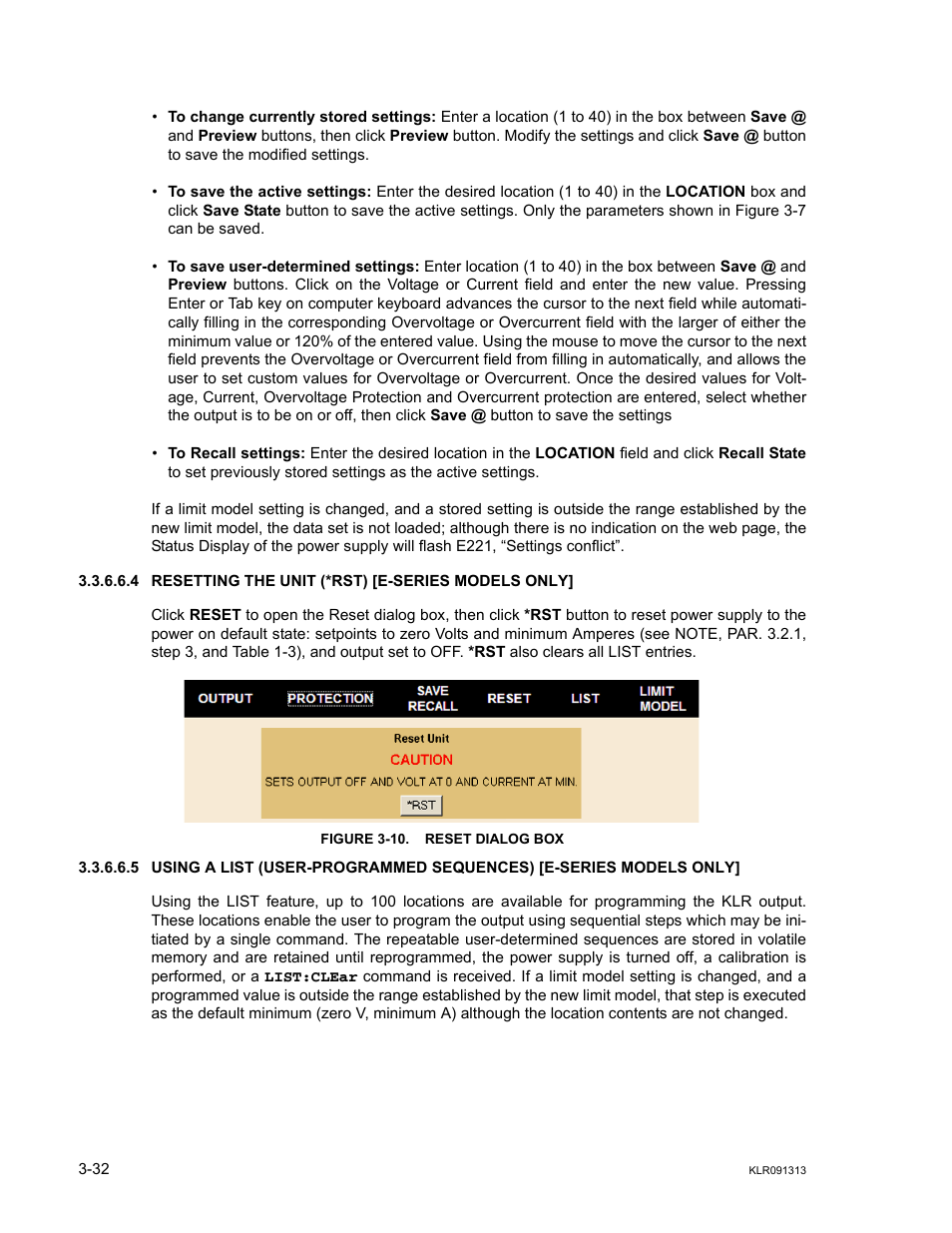 4 resetting the unit (*rst) [e-series models only, Figure 3-10. reset dialog box, 10 reset dialog box -32 | KEPCO KLR Series User Manual User Manual | Page 72 / 92