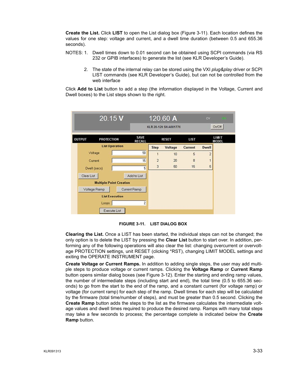 Figure 3-11. list dialog box, 11 list dialog box -33 | KEPCO KLR Series User Manual User Manual | Page 73 / 92