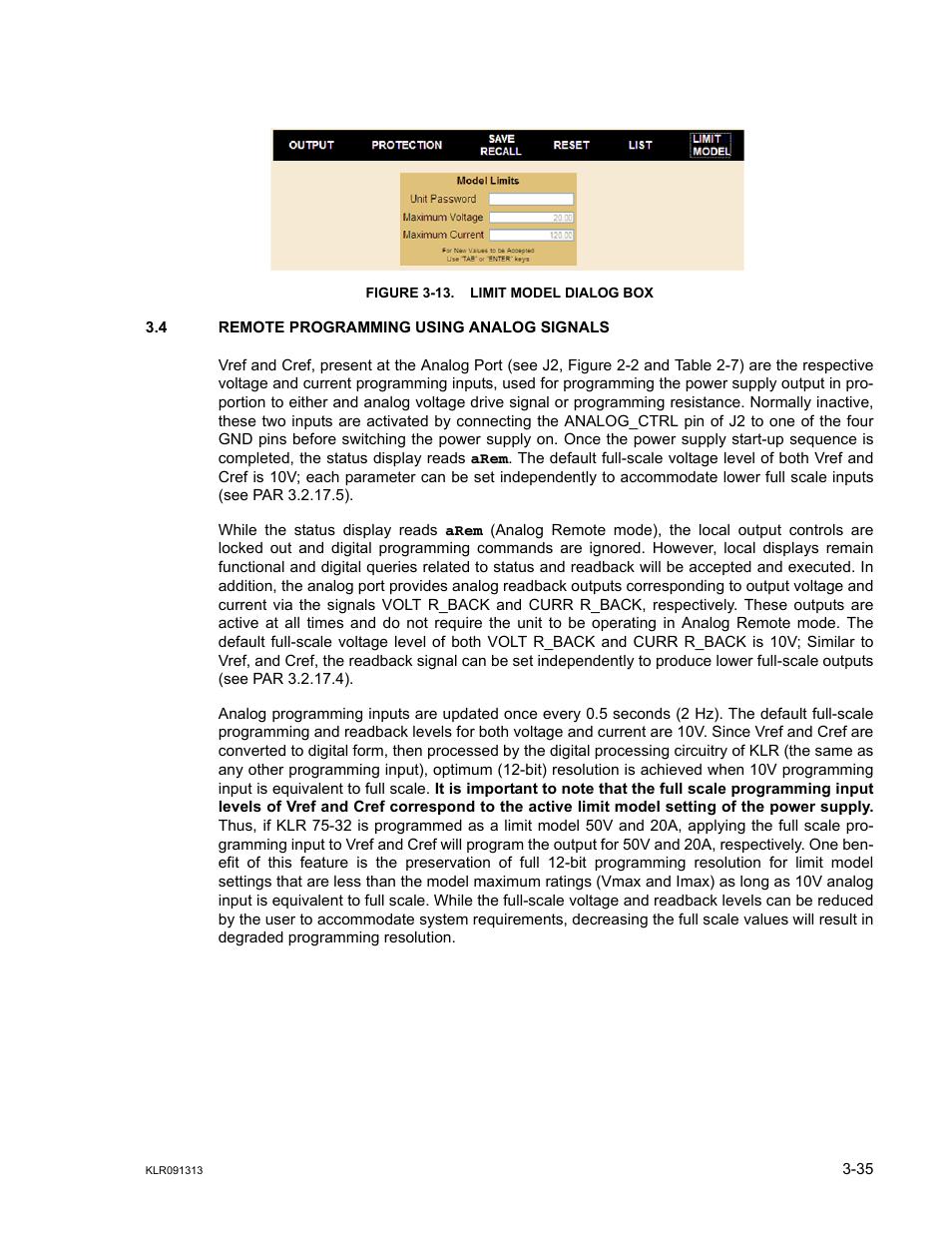 Figure 3-13. limit model dialog box, 4 remote programming using analog signals, Remote programming using analog signals -35 | 13 limit model dialog box -35, R. 3.4), 4) and front p, E 3-13 | KEPCO KLR Series User Manual User Manual | Page 75 / 92